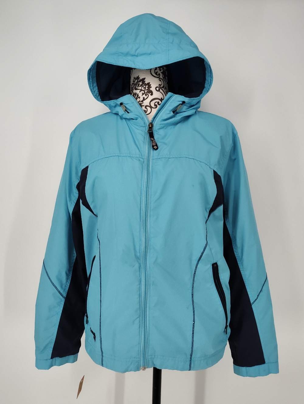 Columbia XCO Light Blue and Navy Hooded Vented Lightweight Jacket Womens Medium